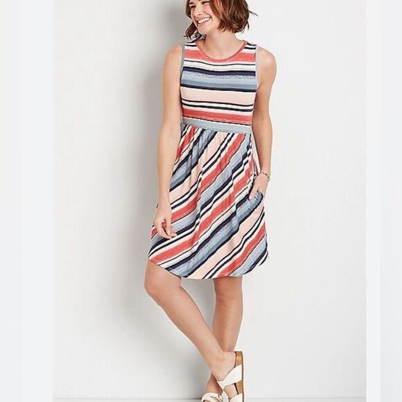 Maurices pink and blue multi stripe empire waist dress with pockets size small - Picture 2 of 7